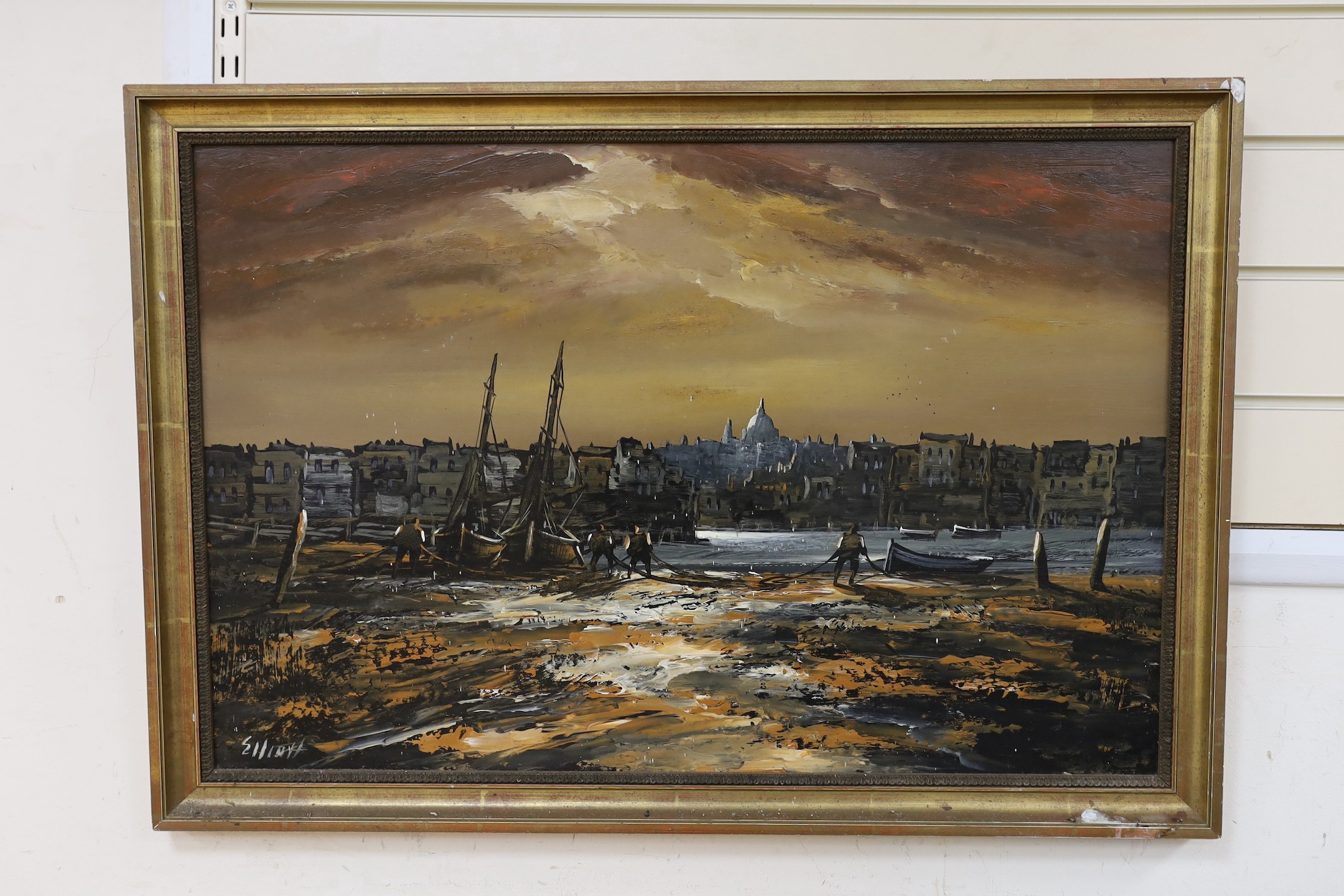 Edward Elliott, oil on board, City viewed from beached fishing boats, signed, 50 x 75cm